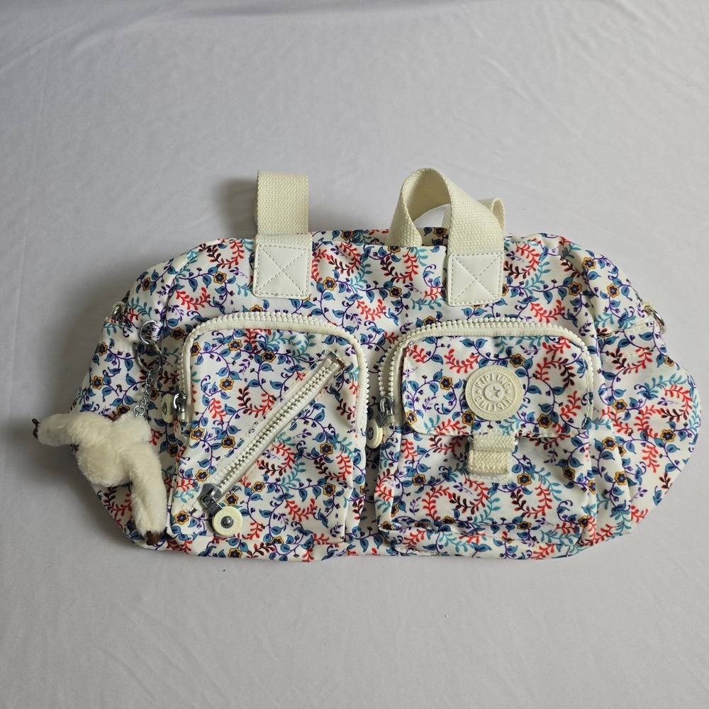 Kipling Defea Floral Vine Print Nylon Handbag Cream Red Blue with Monkey Keyring